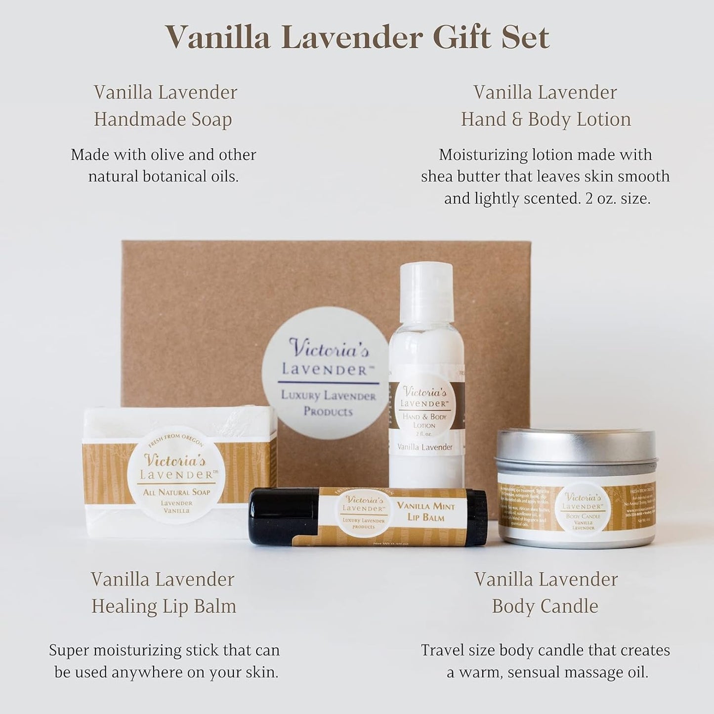 Natural Body Products Gift Set - Handmade Soap, Lotion, Lip Balm, Body Candle Skin Care Sets & Kits, Made in the USA Lavender Bath Products for Women, Vanilla Lavender