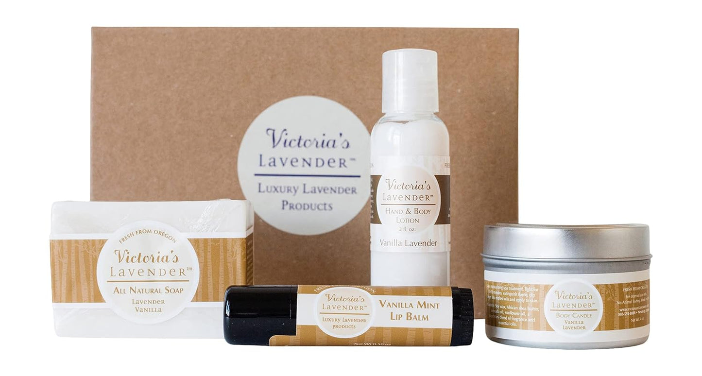 Natural Body Products Gift Set - Handmade Soap, Lotion, Lip Balm, Body Candle Skin Care Sets & Kits, Made in the USA Lavender Bath Products for Women, Vanilla Lavender