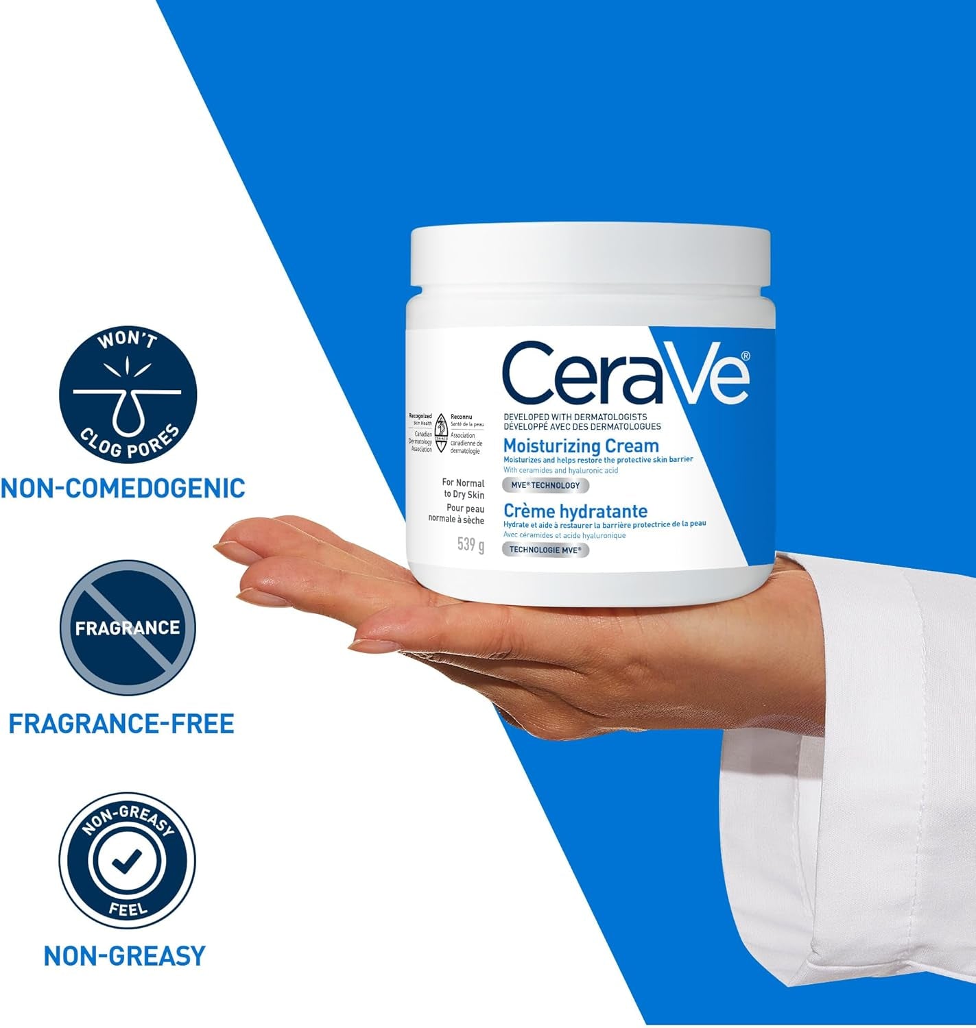 Moisturizing Cream, Daily Face, Hands, & Body Cream Moisturizer for Dry Skin with Hyaluronic Acid and Ceramides for Women and Men. Sensitive Skin, Oil-Free, Non-Comedogenic, Fragrance-Free, 539 Grams