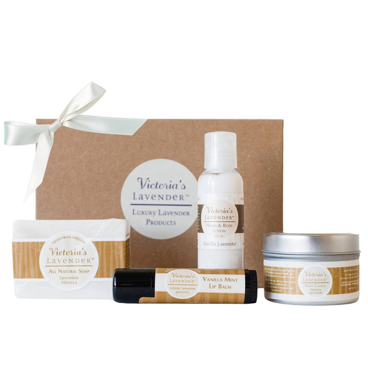 Natural Body Products Gift Set - Handmade Soap, Lotion, Lip Balm, Body Candle Skin Care Sets & Kits, Made in the USA Lavender Bath Products for Women, Vanilla Lavender