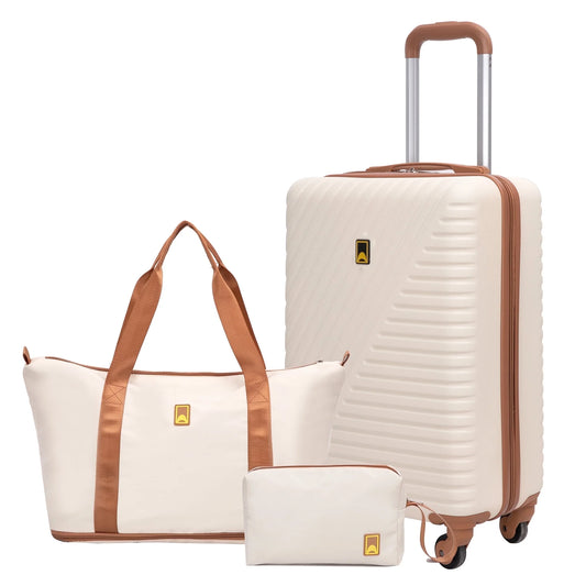 3 Piece Carry-On Luggage Sets, Hardside Suitcase Set with Spinner Wheels, Portable Travel Bag and Toiletry Bag, White